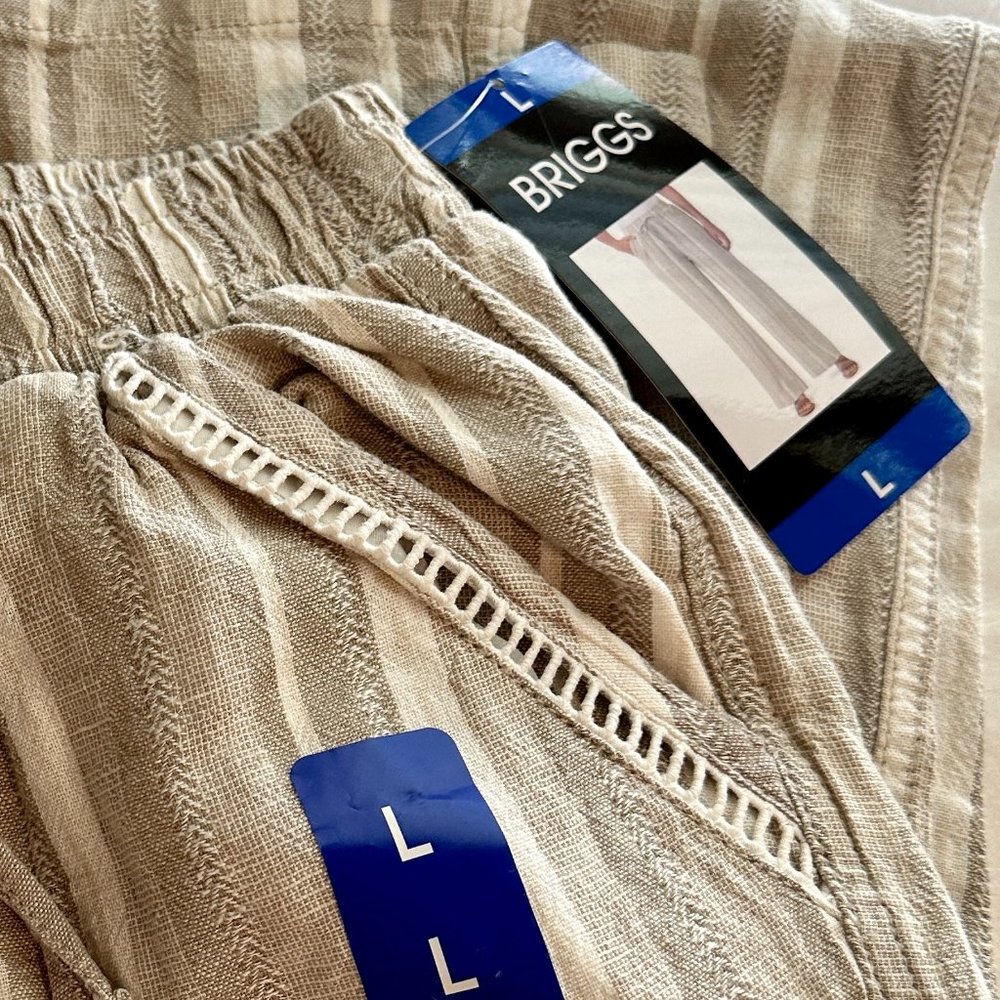 Briggs Linen Blend Pant Women's Size L Tan Striped Boho Beachy Cottagecore New - Picture 8 of 12